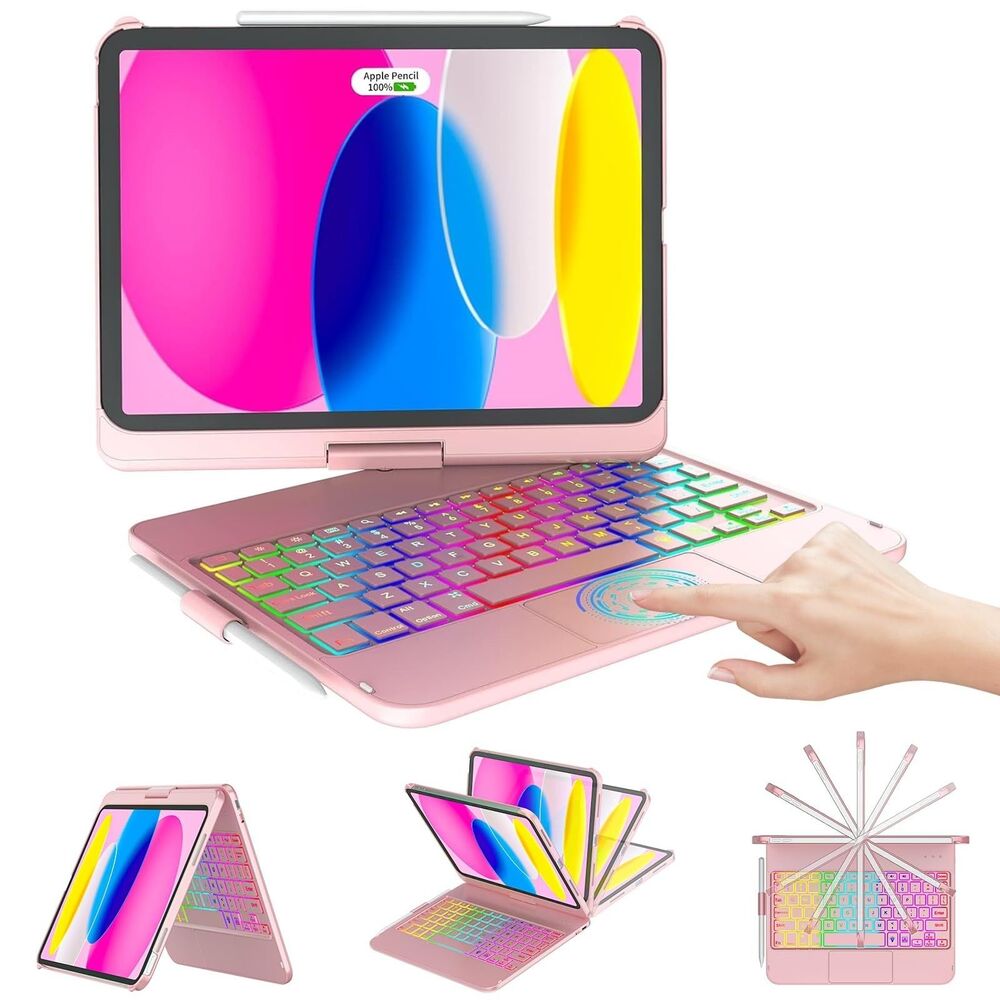 iPad 10th 11th Gen 10.9" Keyboard Case 360 Swivel Backlit Cover Rose Gold A2696